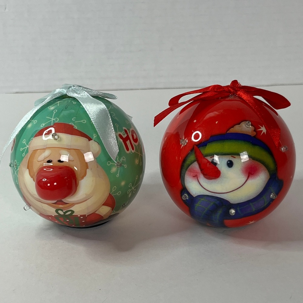 Set of 2 Light Up Christmas Ornaments Santa & Snowman LED Holiday Decor Red Teal